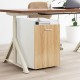 Mobile file cabinet with two drawers in white and wood finish, featuring wheels for easy mobility in an office setting.